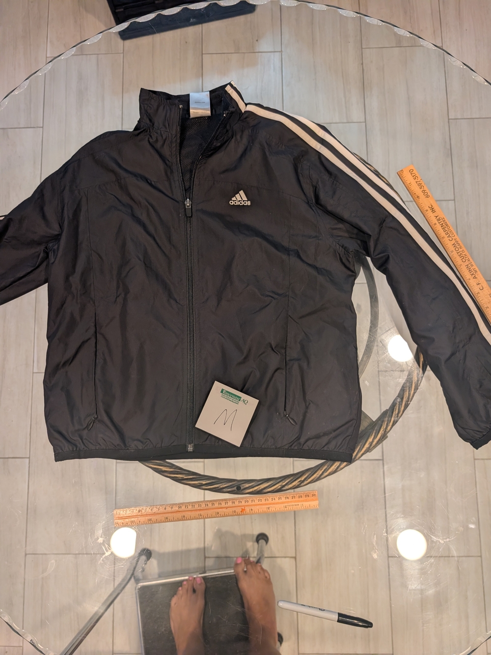 adidas Black Windbreaker Jacket with White Shoulder Stripes Medium